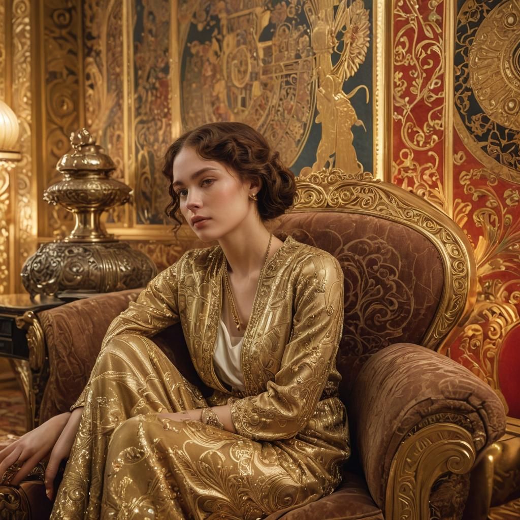 Art Deco Living Room Inspired by Klimt, Hyperrealistic