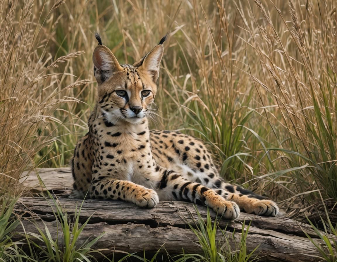 Serval Cat Resting in Tall Grass