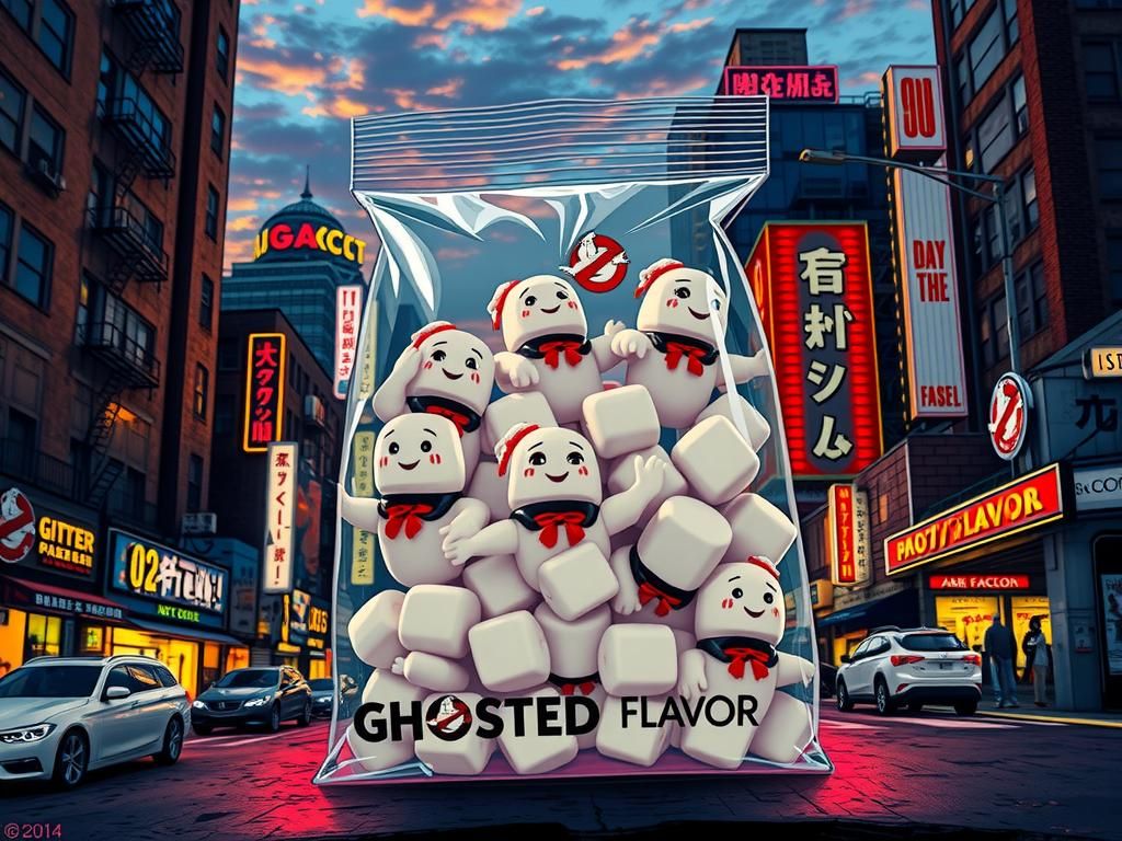 Ghostbusters Marshmallows in Retro Cityscape, Comic Book Sty...