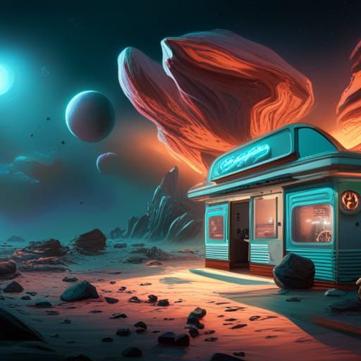 1950s Coffee Shop in Asteroid Field: Matte Painting