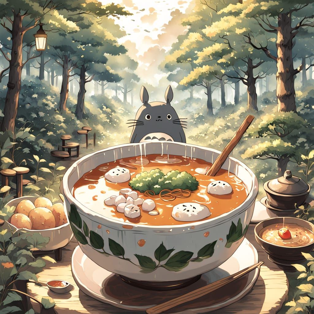 Totoro Savoring Cozy Noodle Soup in Whimsical Forest