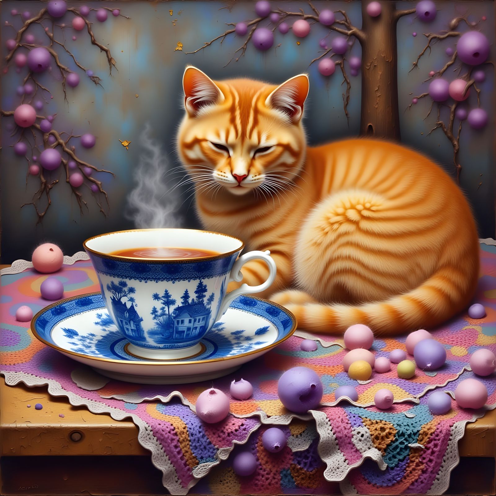 Violet Tea and Orange Cat with Craquelure
