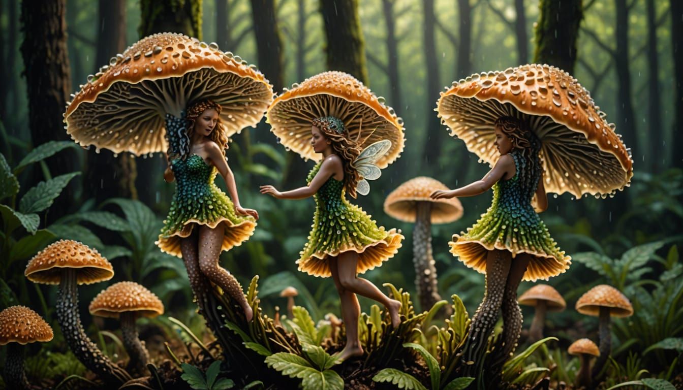 Summer Dew Fairies Dancing in Whimsical Pointillism