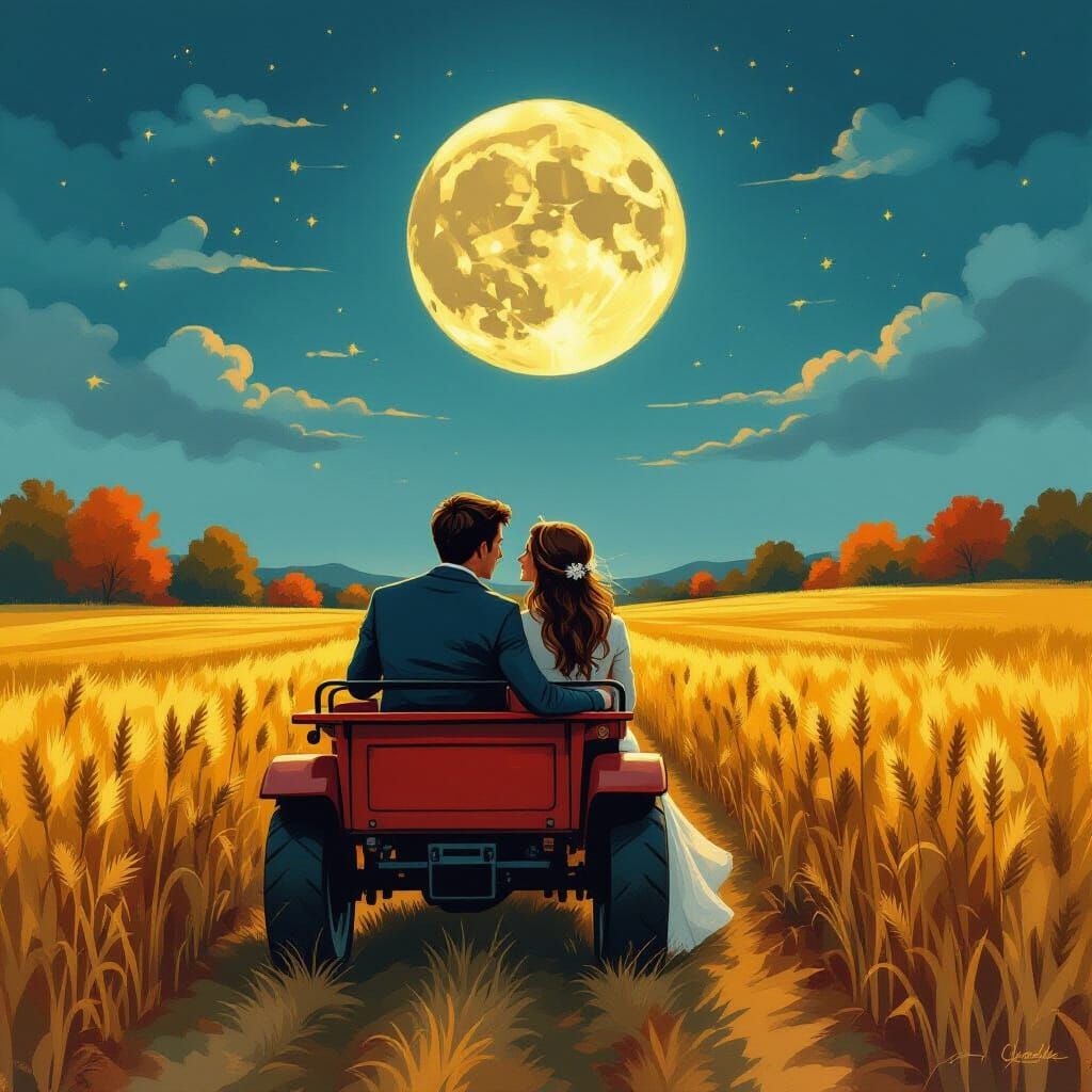 Romantic Hayride Under Harvest Moon: Vintage Ink Art