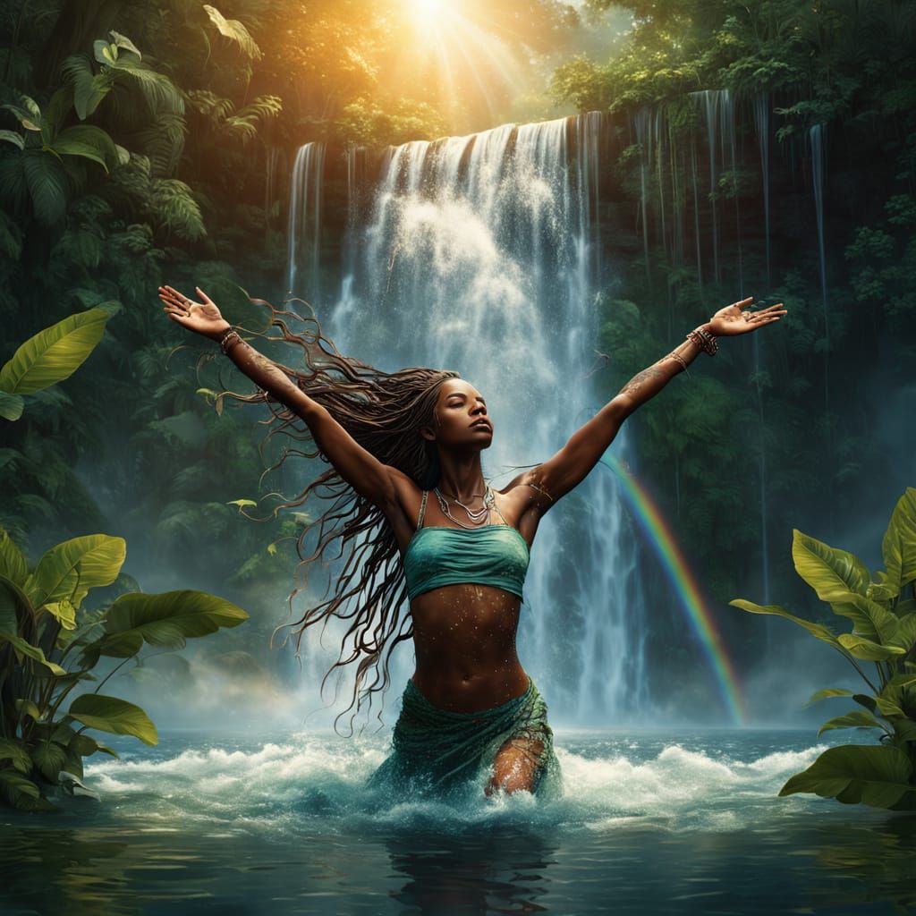Ebony Goddess Merges with Jungle Waterfall in Hyper-Realisti...