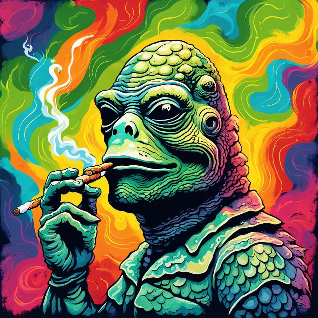 Creature from the Black Lagoon Smoking with Rainbow