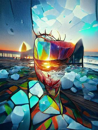 Psychedelic Ocean Sunset with Stained Glass Shards