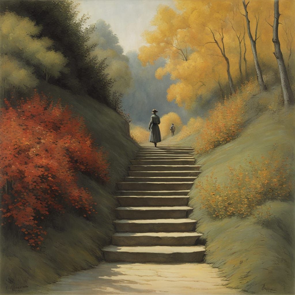 Whimsical Woman Descending Stairs in Warm, Colorful Light