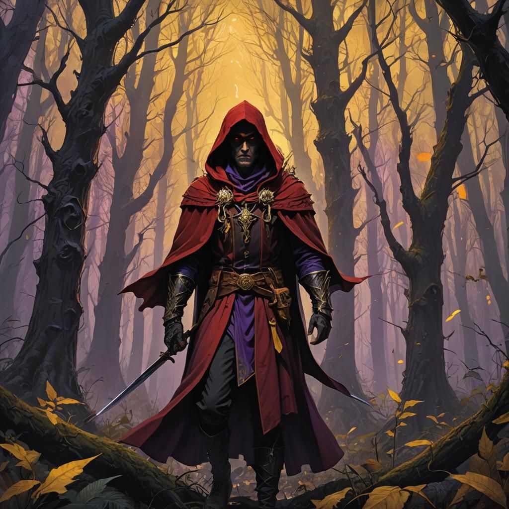 Mysterious Dagger-Wielding Figure in Dark Fantasy Forest