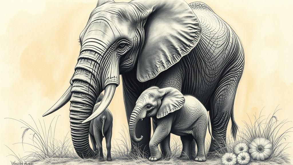 Elephant Mother and Baby in Detailed Charcoal Drawing