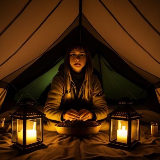 Lantern Lit Tent Interior with Woman