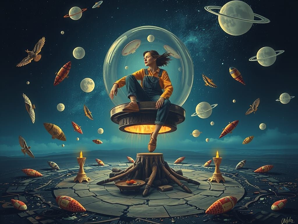 Surreal Woman on Psychedelic Flying Object in HDR