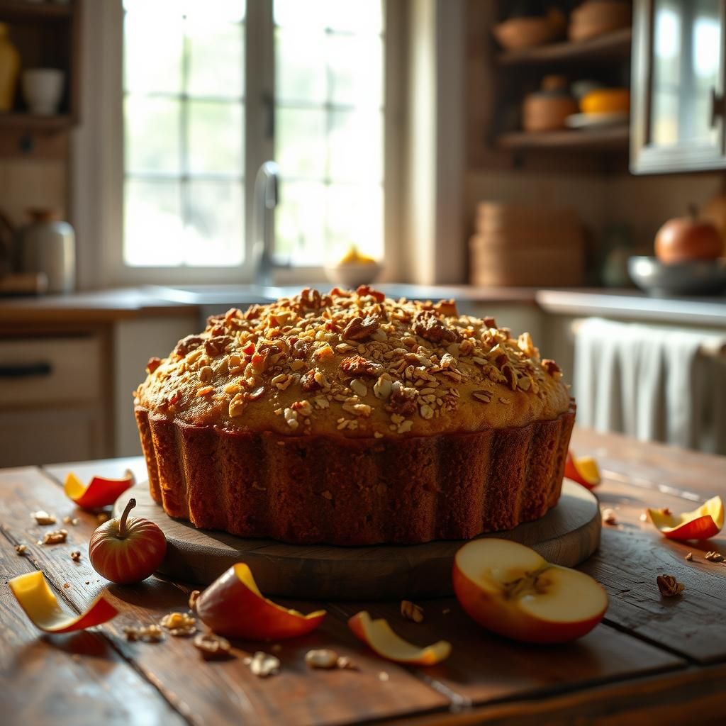 Rustic Kitchen Scene with Golden Apple Cake