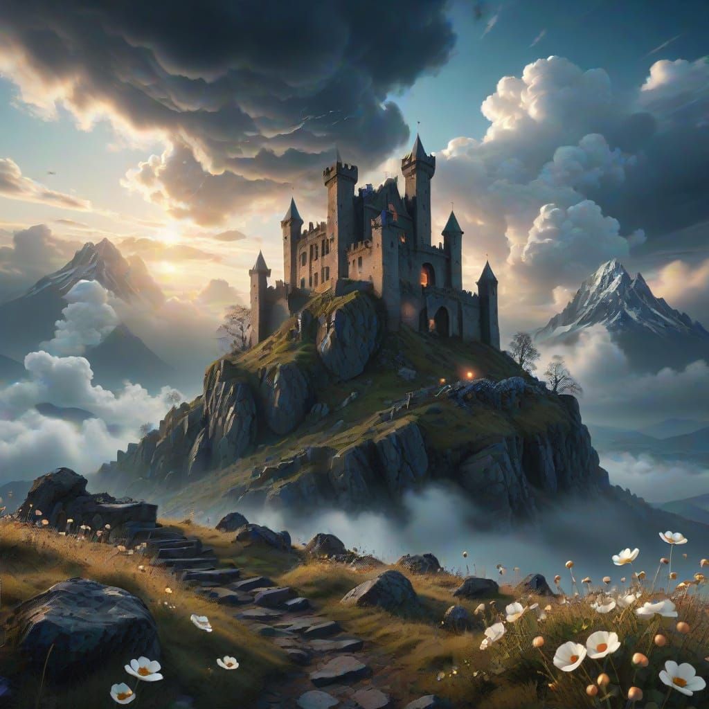 Epic Castle Ruins Amidst Majestic Clouds in Golden Hour