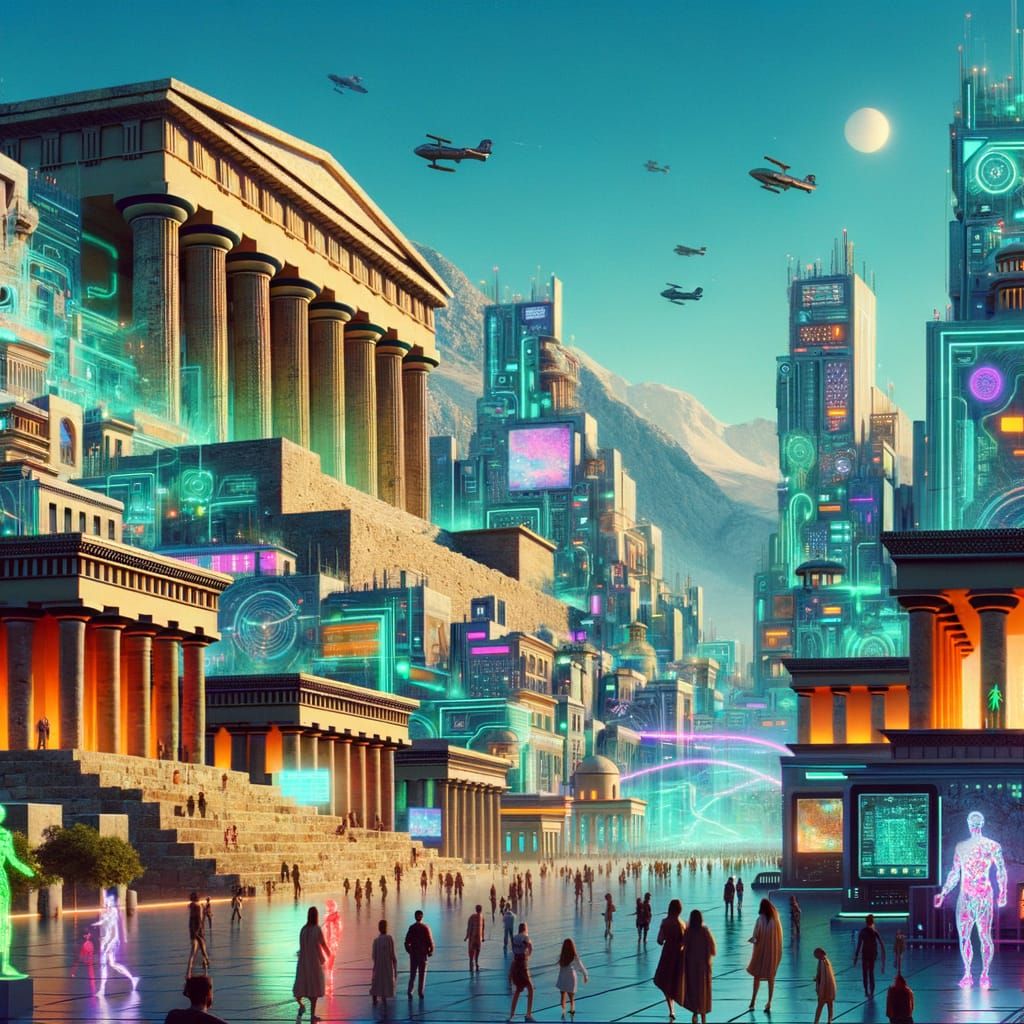 Cyberpunk Minoan Civilization Fusion: Futuristic Cityscape