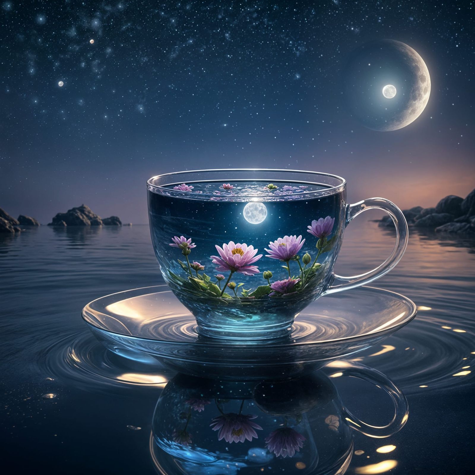 Glowing Teacup Floating on Starry Sea, Detailed Painting