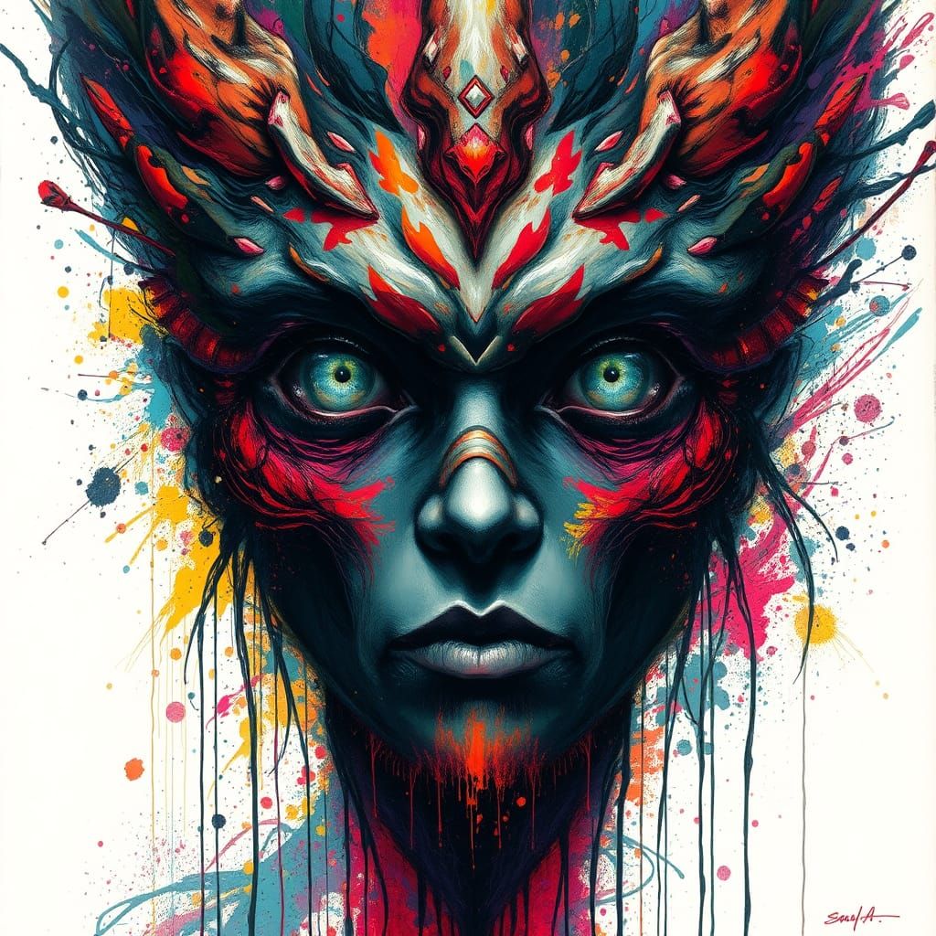 Mystical Being Portrait with Ink Splatter Art