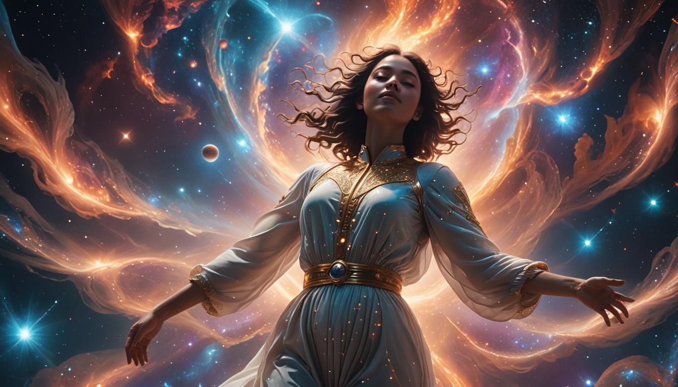 Woman's Soul Connects with Divine Energy in Space