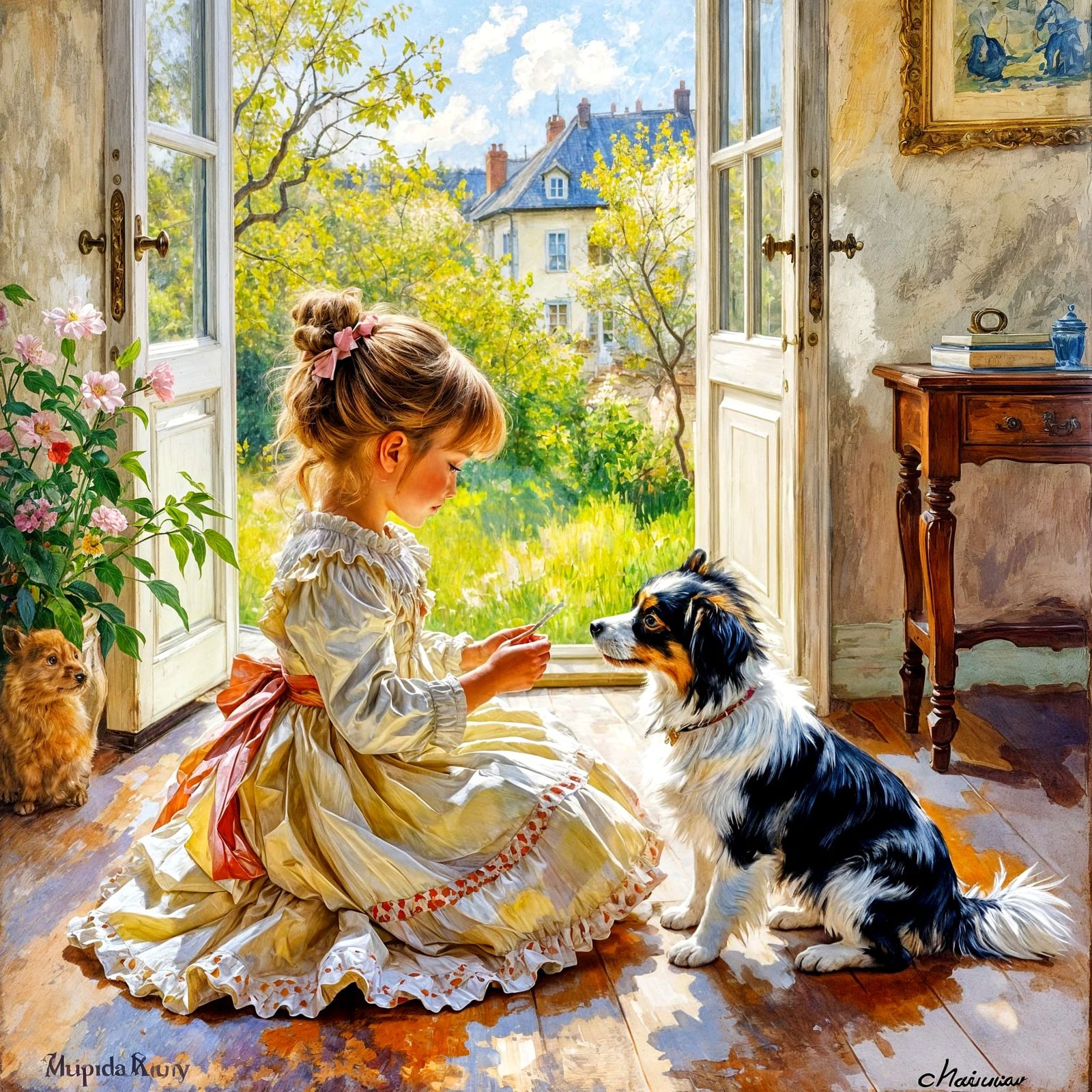 Girl and Dog in Victorian Style, Gouache Painting