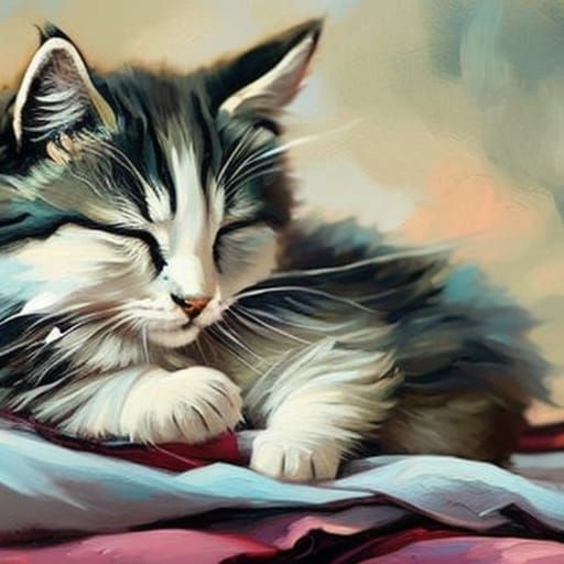 Fluffy Kitten Sleeping: Oil Painting in 8K