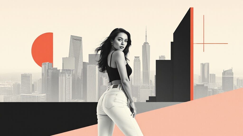 Futuristic Woman in Cityscape with Geometric Shapes