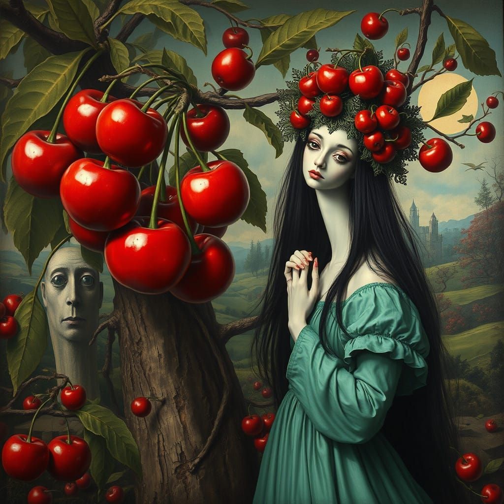 Surreal Gothic Cherry Tree in a Whimsical Hilma af Klint Sty...