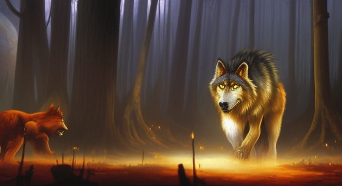 Anthropomorphic Wolf Transformation in Dark Fantasy Style