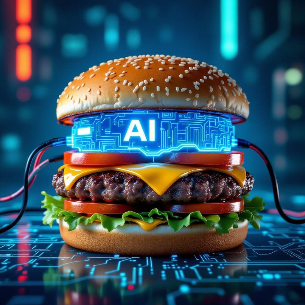 Cyberpunk Hamburger with Computer Screen and AI Sauce