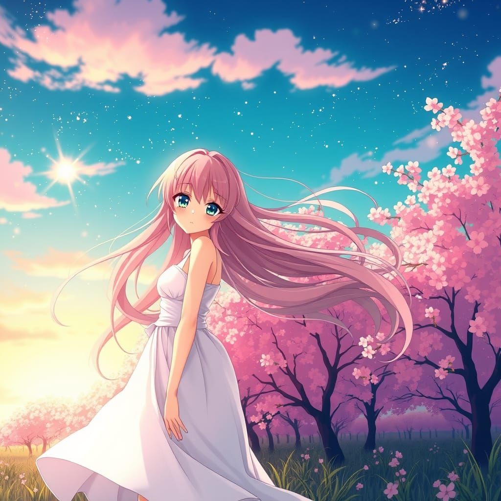 Anime Girl in Cherry Blossom Field, Cel-Shaded Style