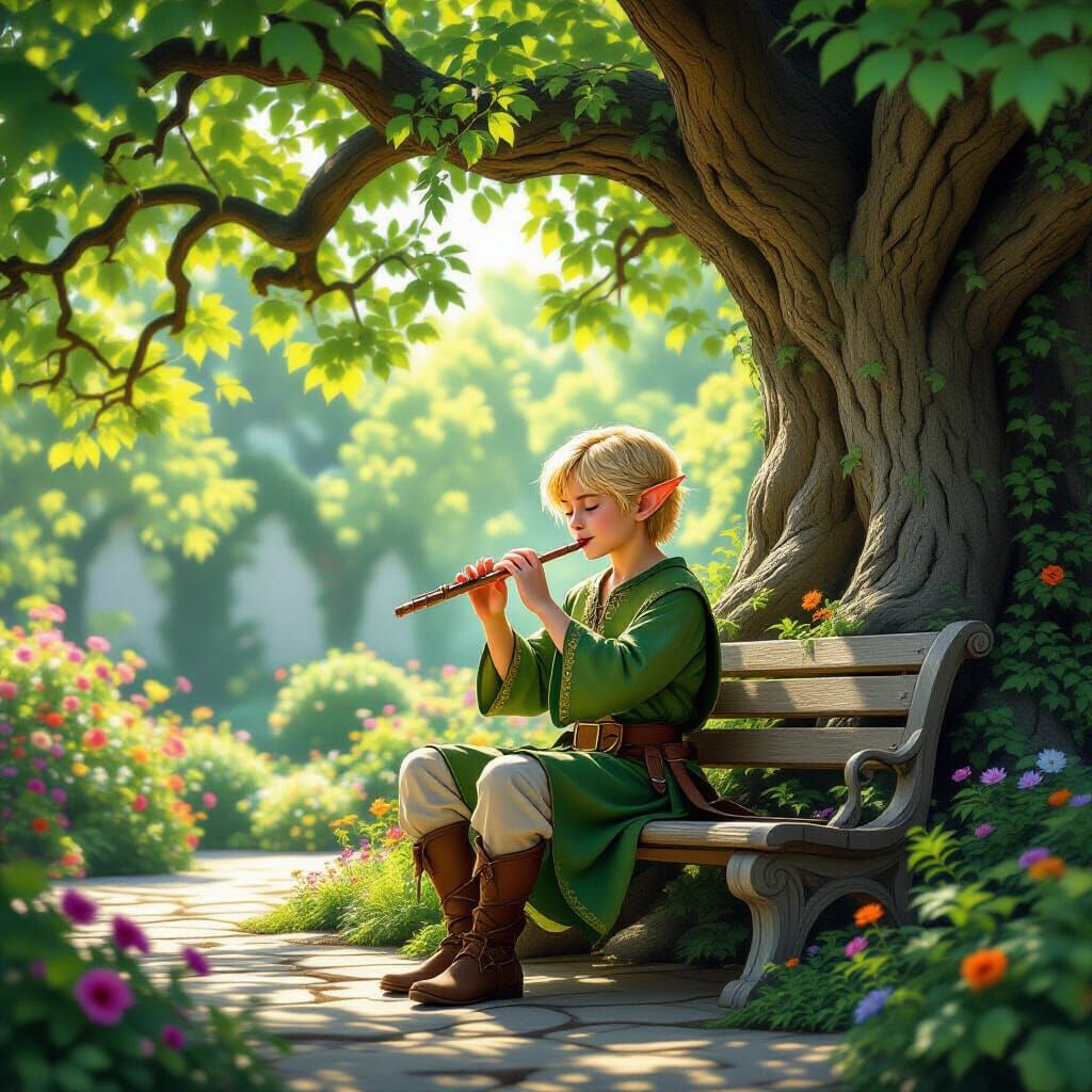 Elf Musician in Enchanted Garden