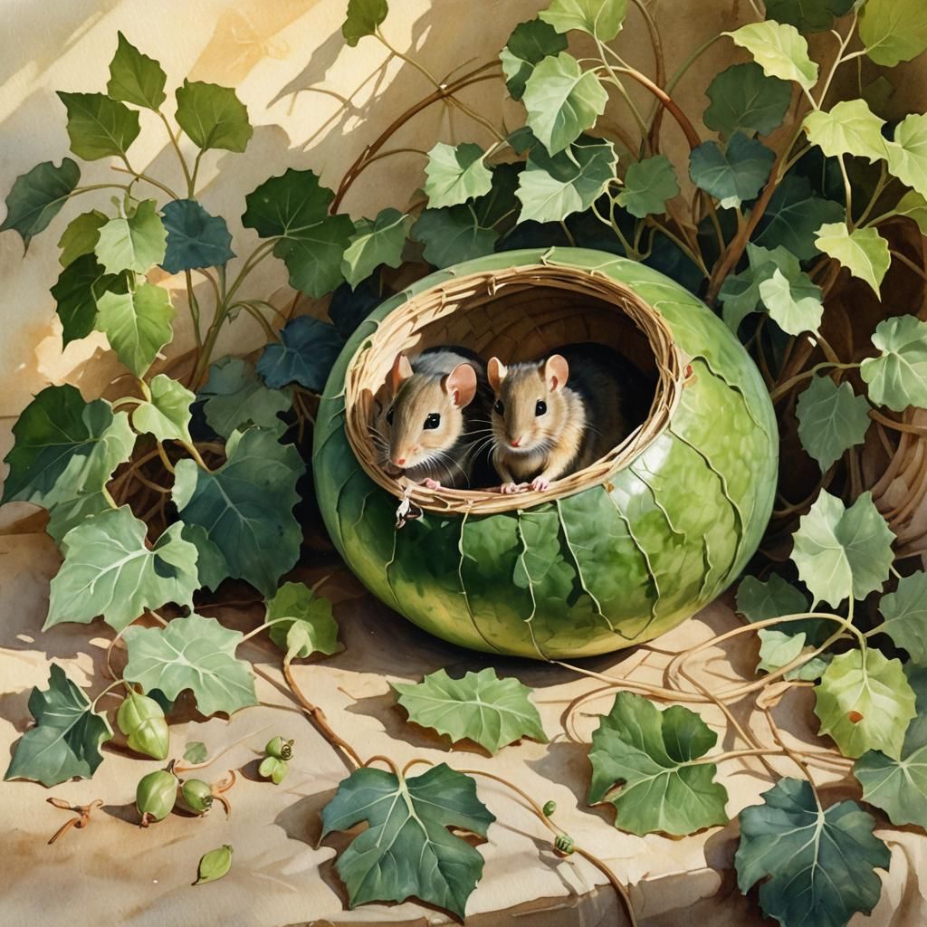 Watercolor Mice Nest in Gourd Still Life