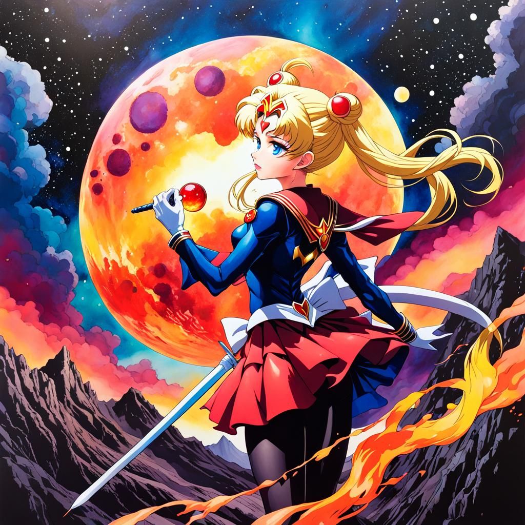 Sailor Moon in Volcanic Alcohol Ink Landscape