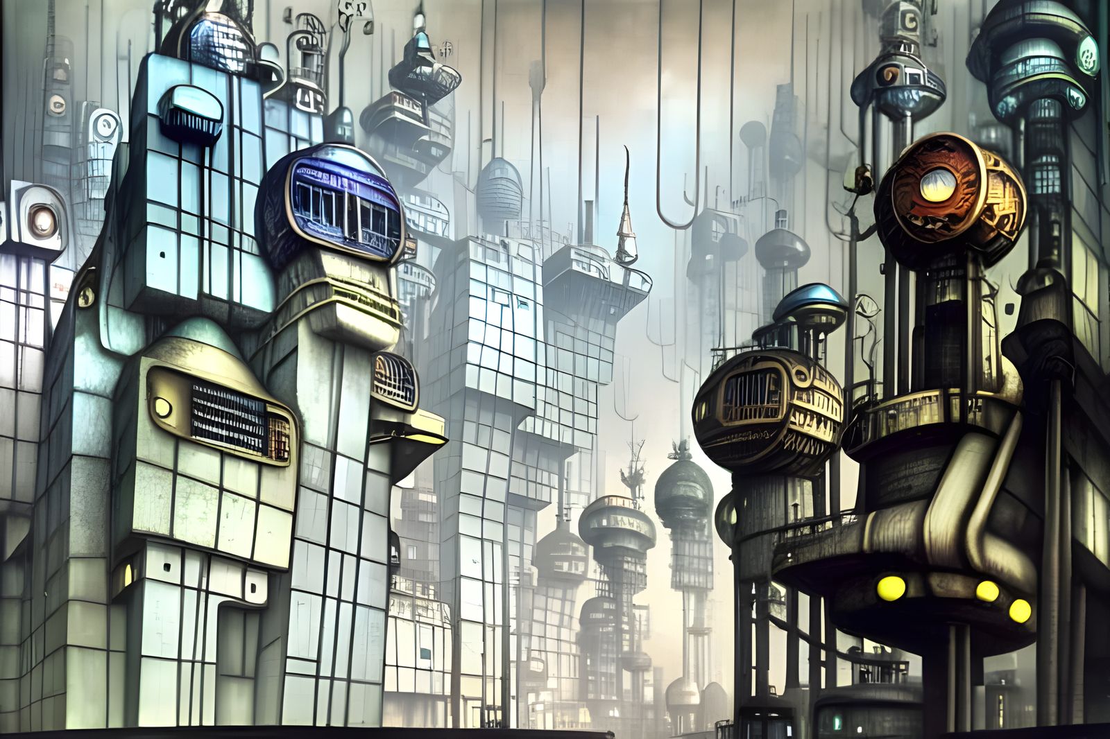 Steampunk Futuristic City with Geometric Elements