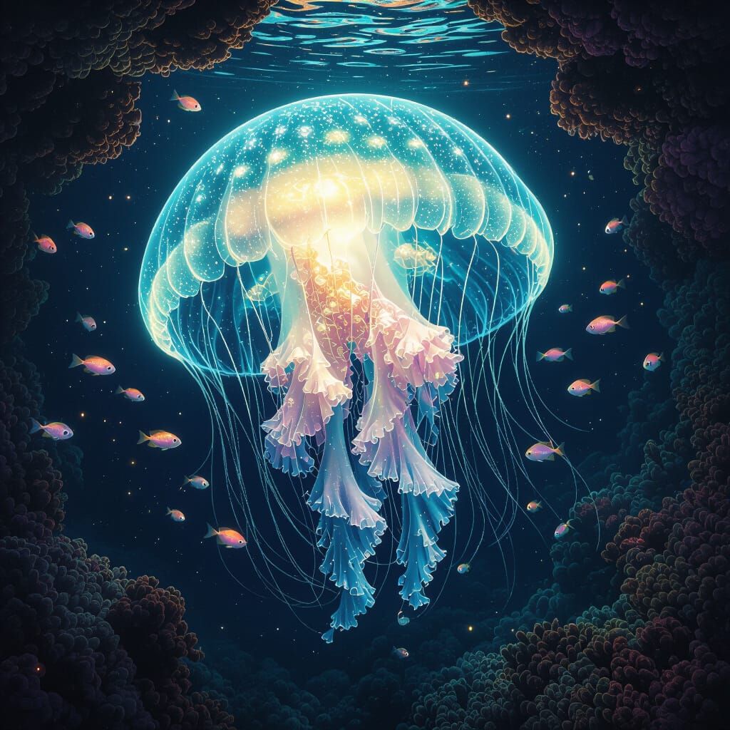 Bioluminescent Jellyfish in Deep Ocean Trench