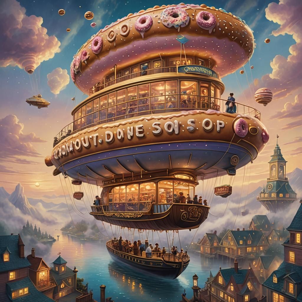 Vintage Donut Shop Airship in Oil Painting Style