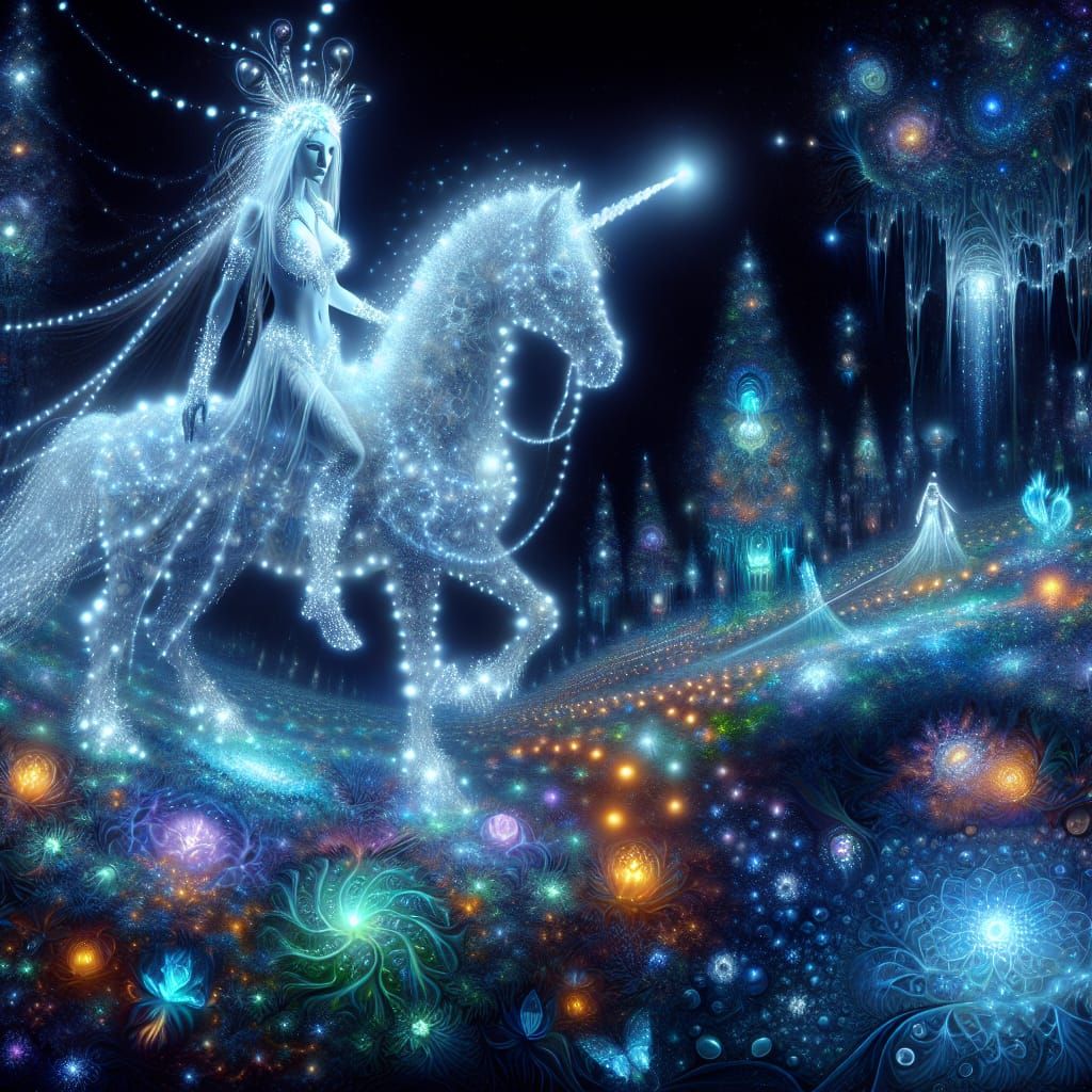 Glowing Goddess Rides Unicorn in Enchanted Bioluminescent Re...