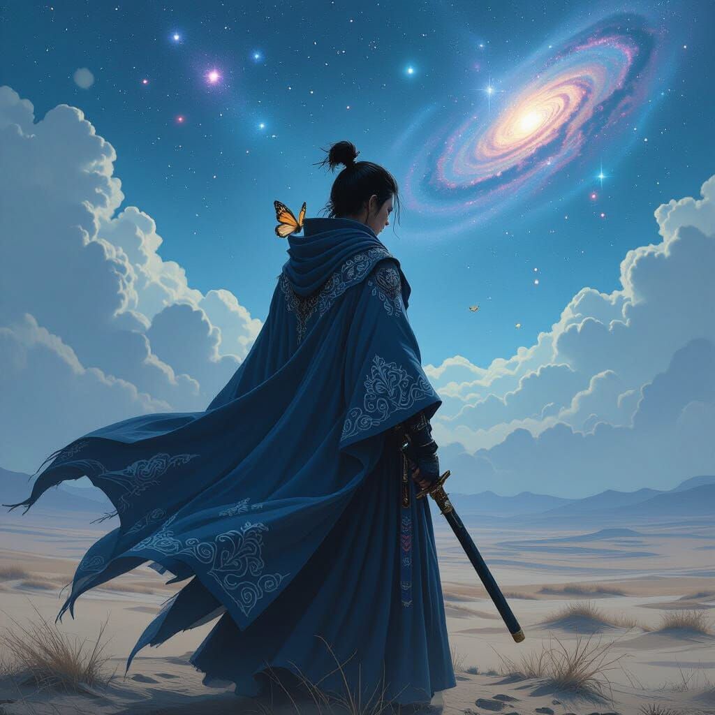 Ethereal Samurai on Windswept Plain Under Galaxy Sky