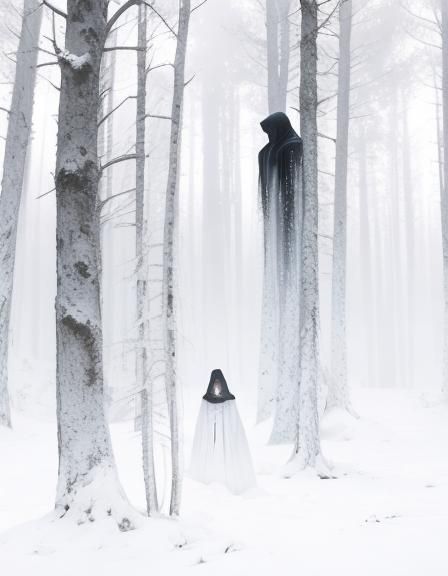 Hooded Figure Emerges from Haunted Forest: Dark Fantasy Art