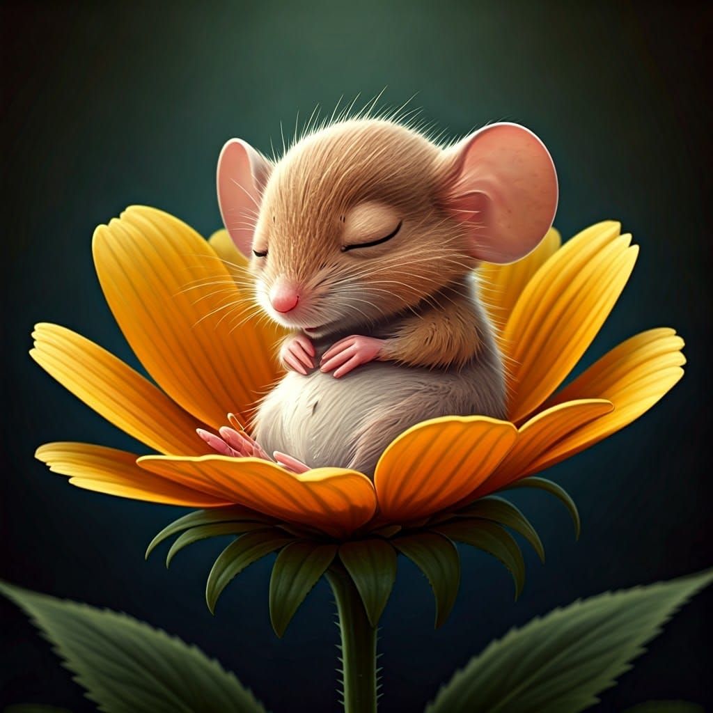 Mouse Sleeping in Flower: Funny Caricature Drawing