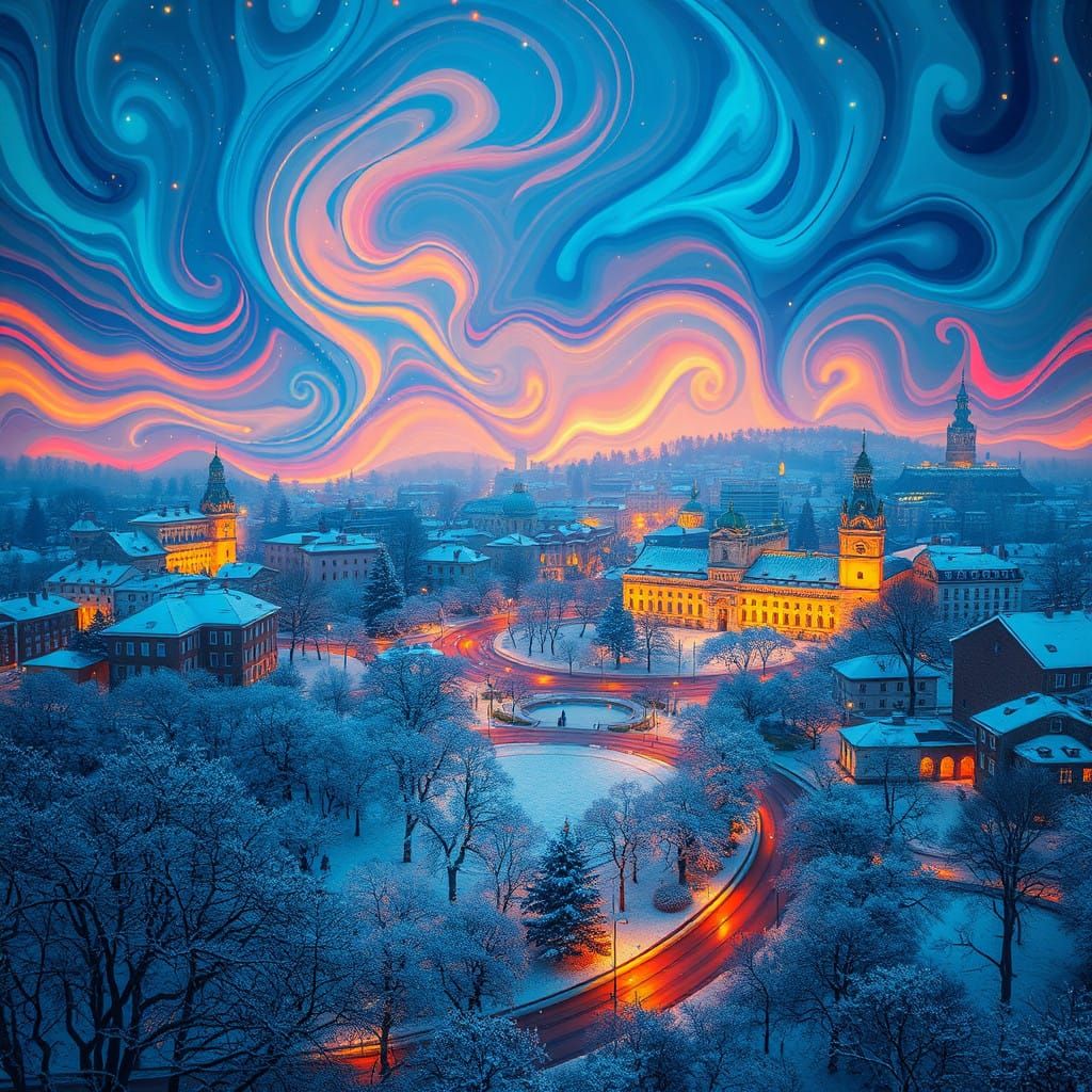 Cosmic 90s Rave Party Unfolds in a Snow-Kissed European City