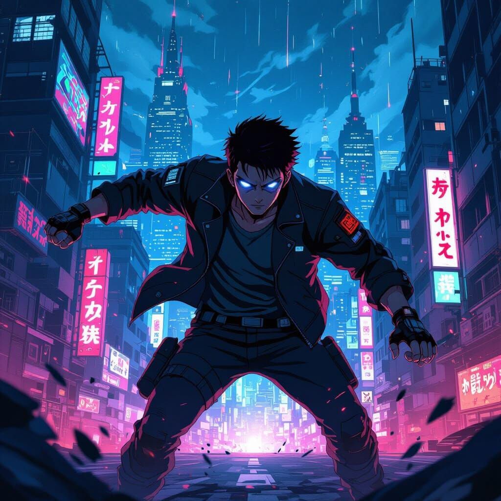 Cinematic Anime Action Pose in Cyberpunk City