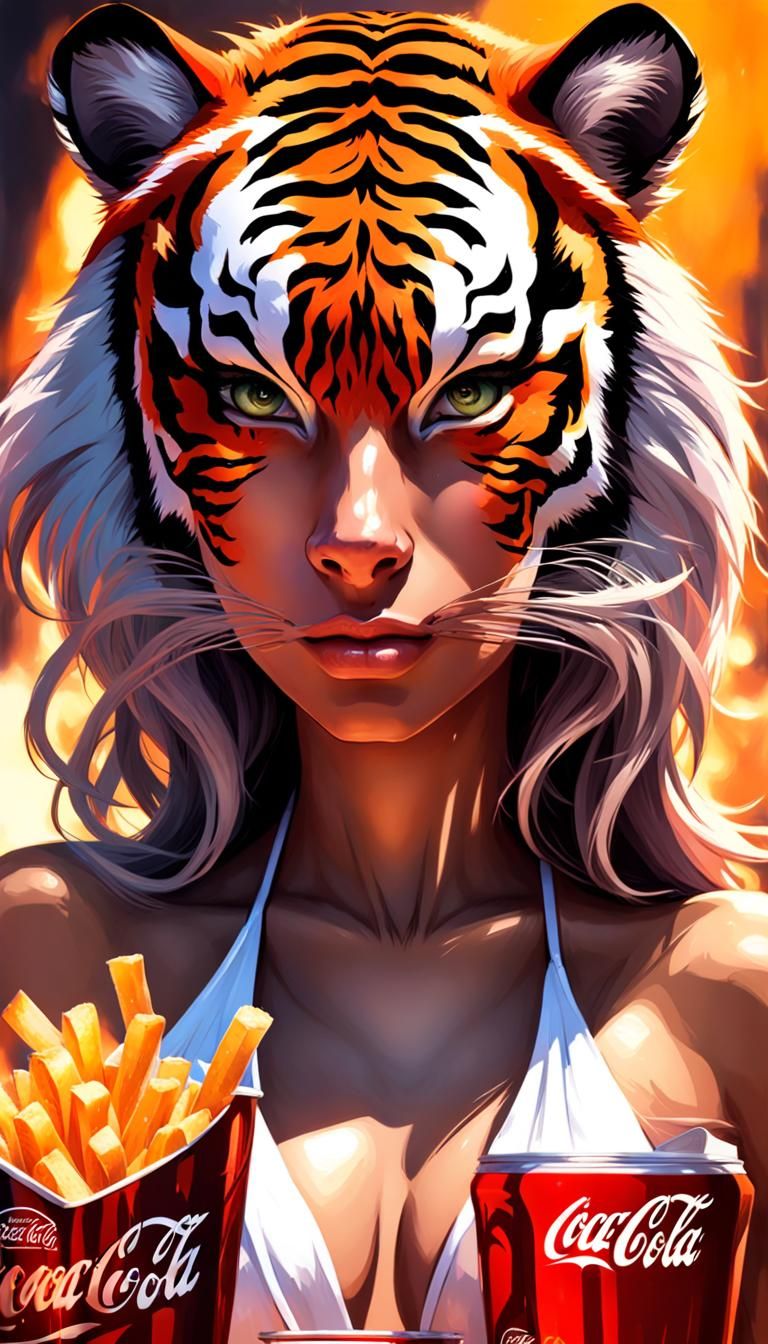 Bikini Tiger Girl Portrait in Hyperdetailed Splash Art