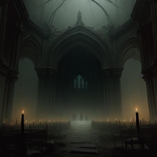 Eerie Dark Fantasy Figure Amidst Ancient Knowledge