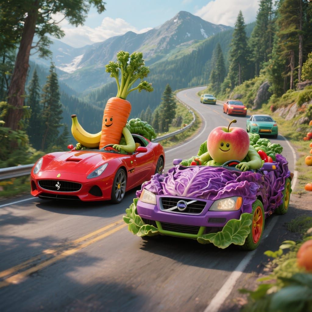Vegetable Cars on a Winding Mountain Road