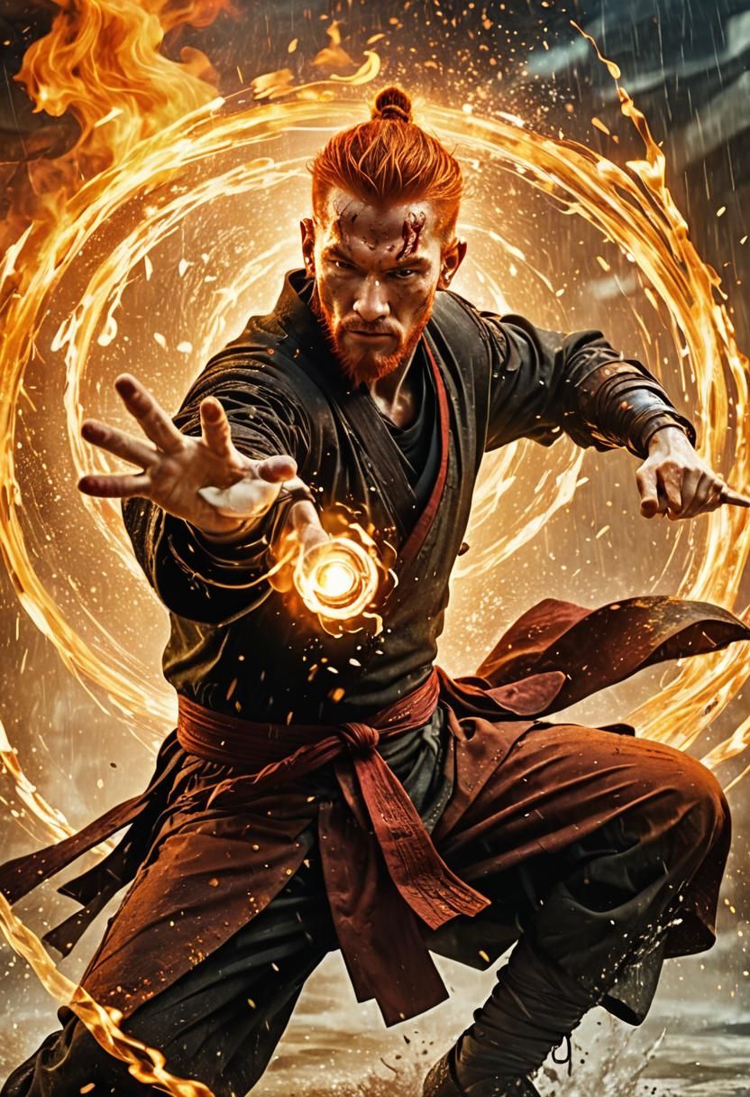 Warrior Monk in Martial Arts Pose with Fire and Water