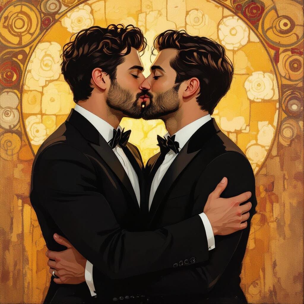 Men Kissing in Golden Light, Romantic Painting
