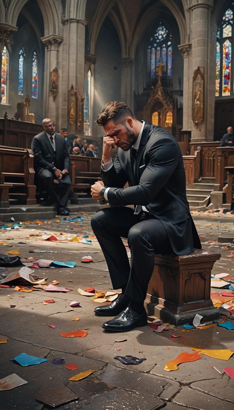 Sad Man in Black Suit Crying at Church
