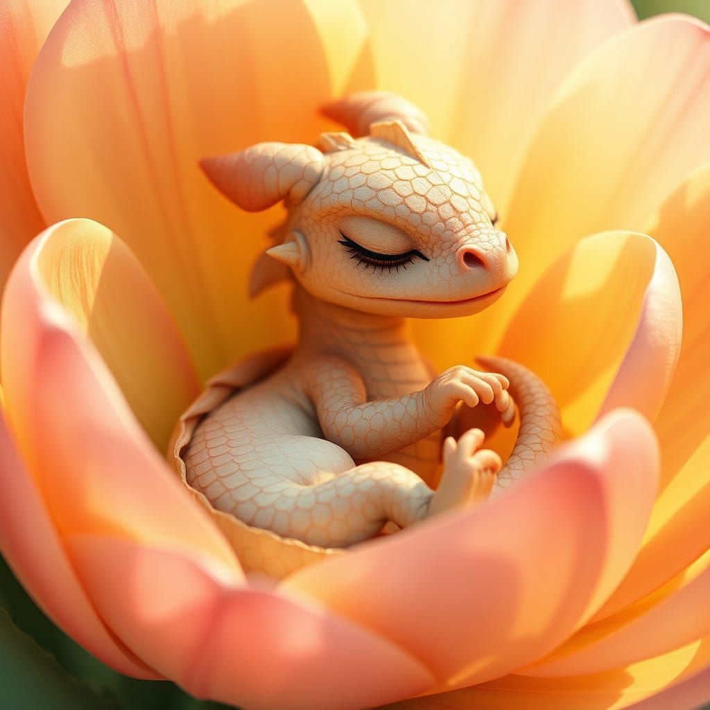 Whimsical Pastel Dragon Slumbers in Vibrant Flower