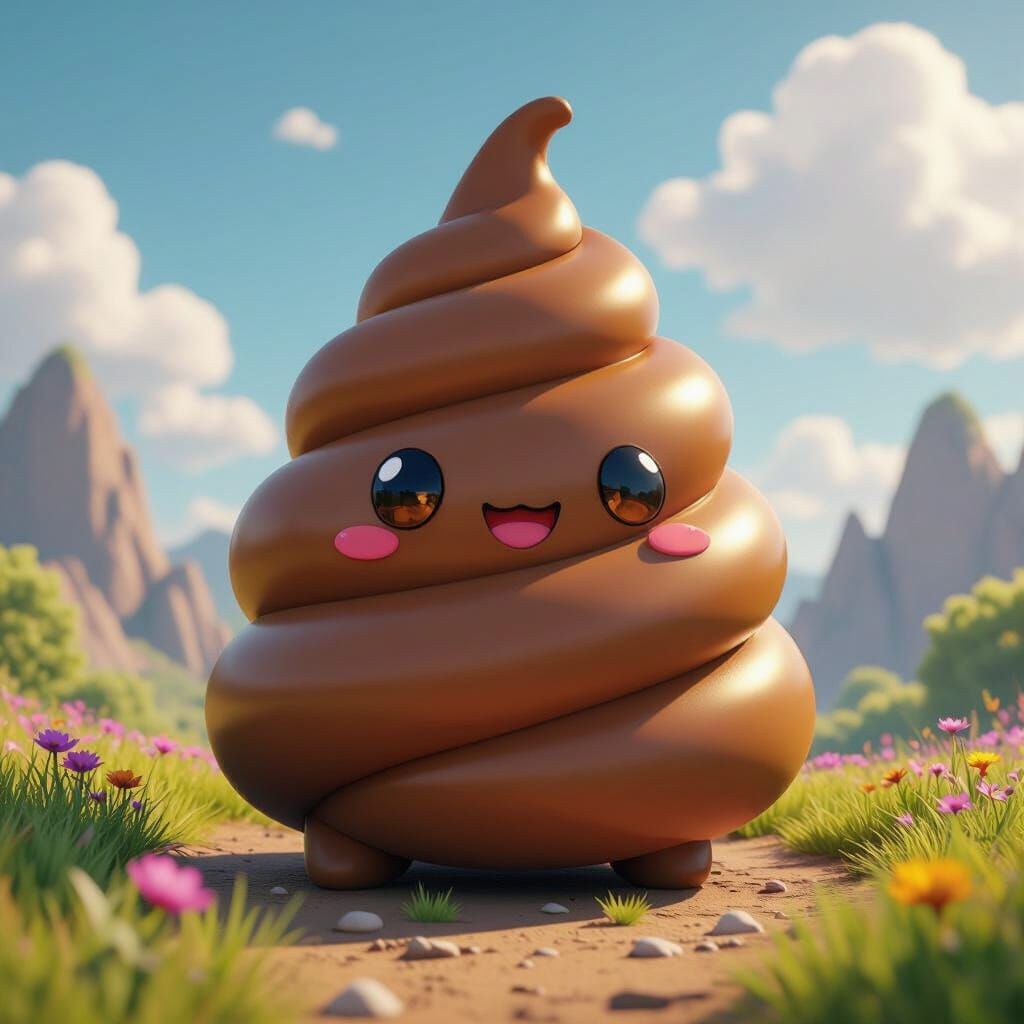 Cute Anthropomorphic Poop in Fantasy Landscape 3D Anime Art