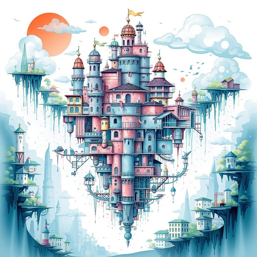 Whimsical City Floating in Sky with Clouds